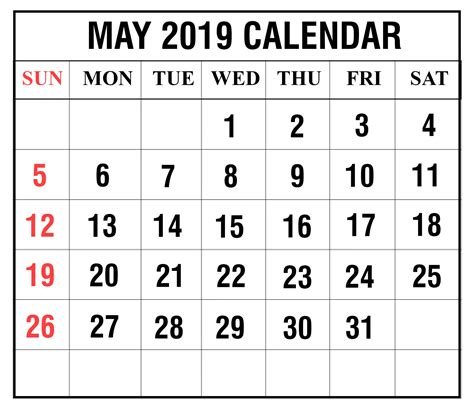 2019 May Month Calendar